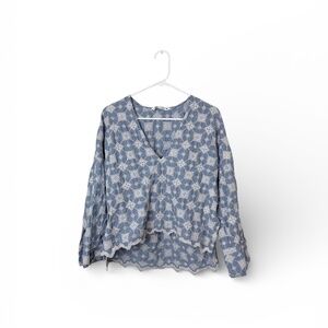 Zara Blue Eyelet‎ V Neck Blouse (C)